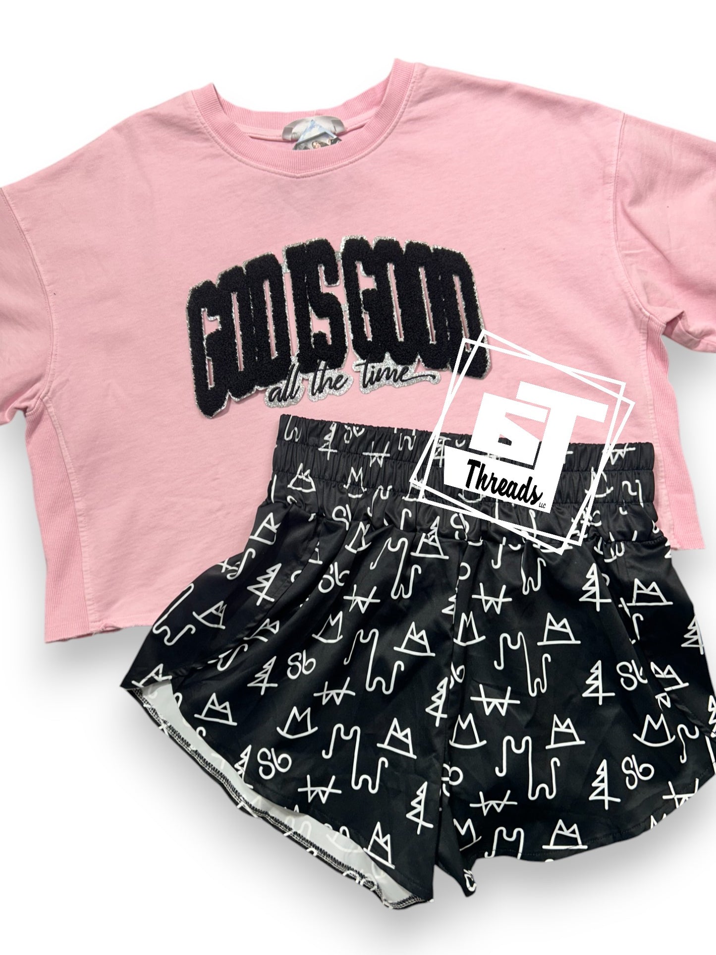 black chenille god is good iron on patch pink crop top