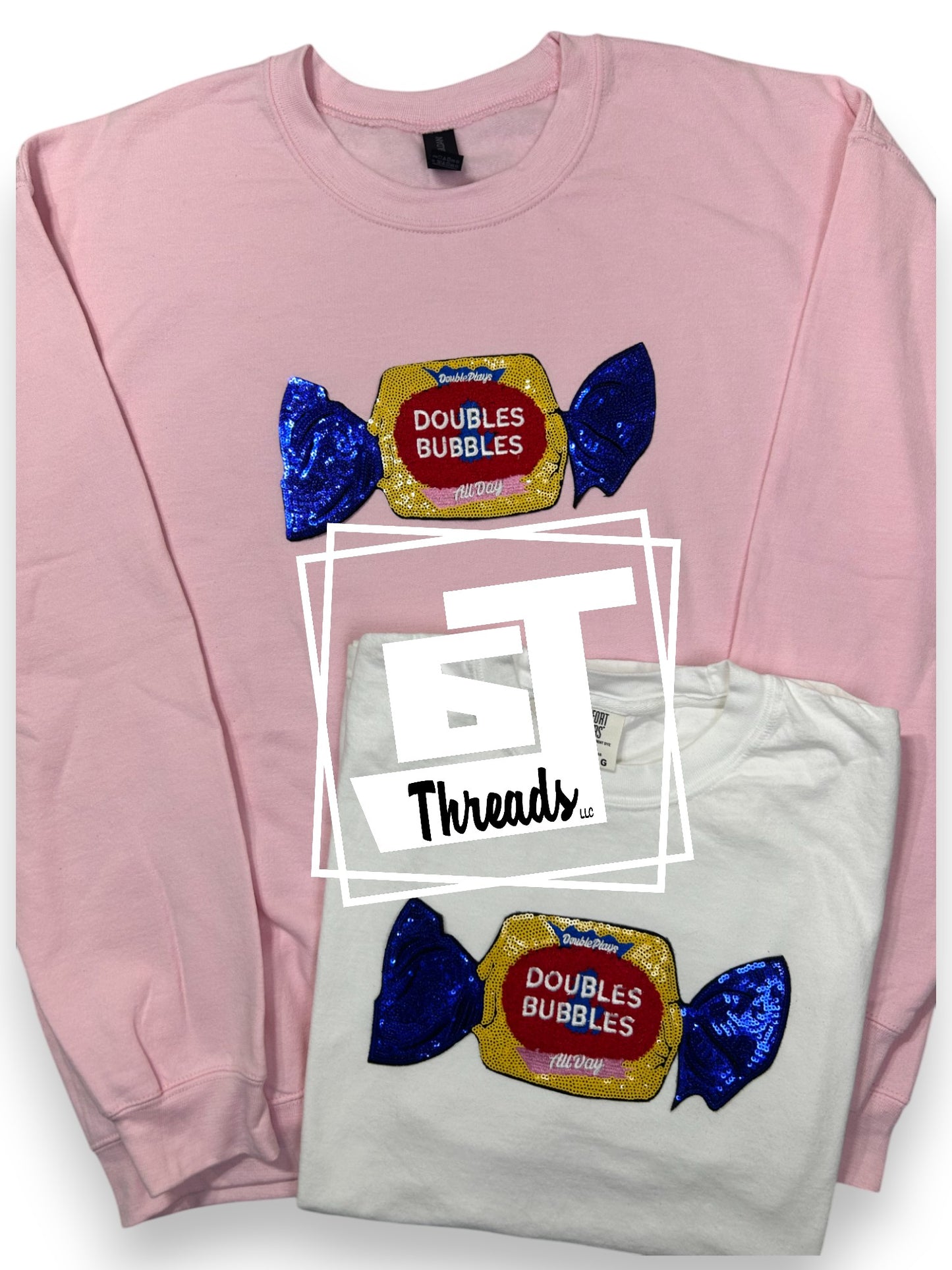 bubble gum sequin iron on patch light pink sweatshirt white shirt