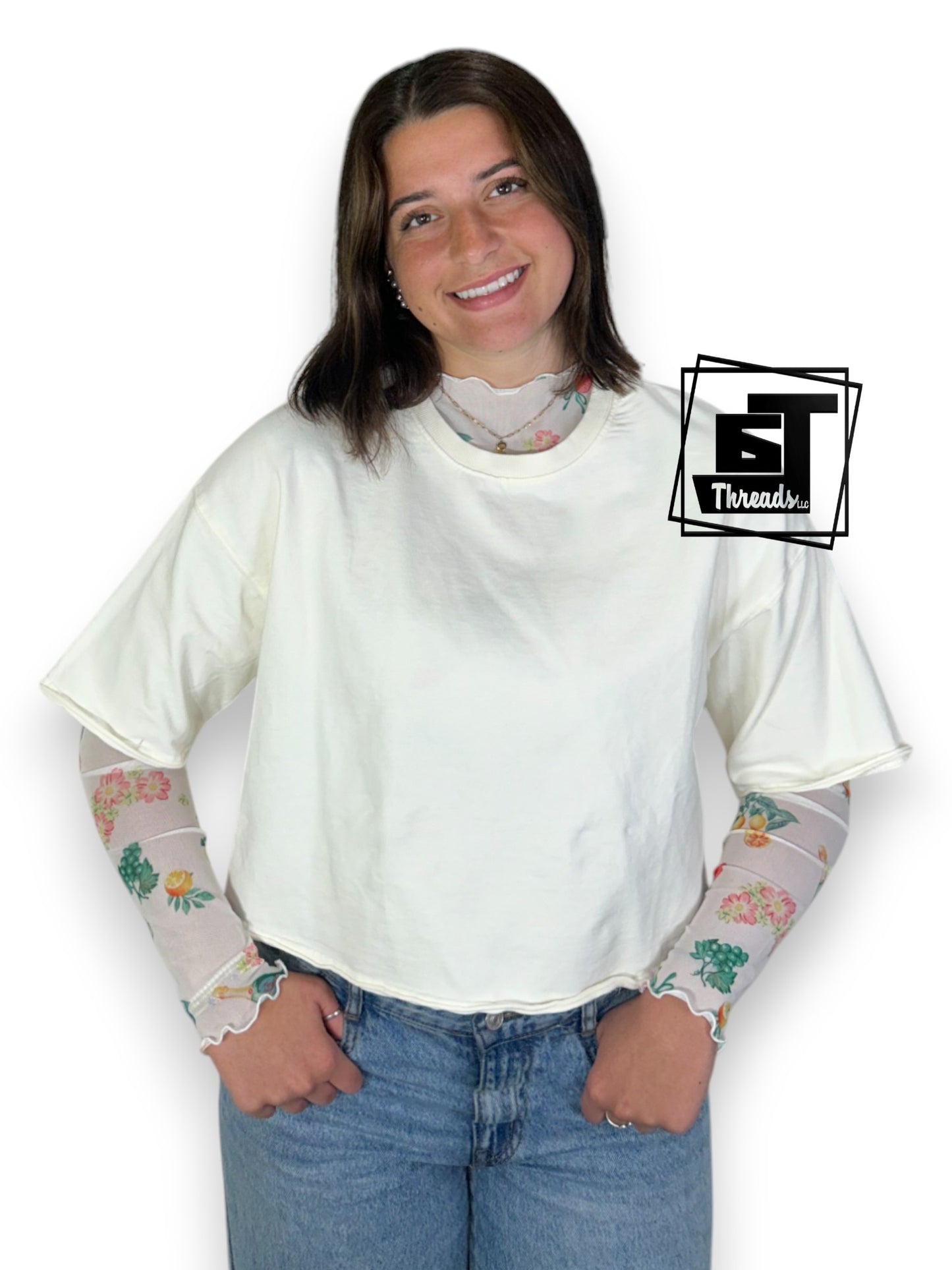 Mesh Long Sleeve Top with Vintage Print