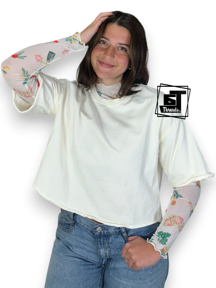 Mesh Long Sleeve Top with Vintage Print