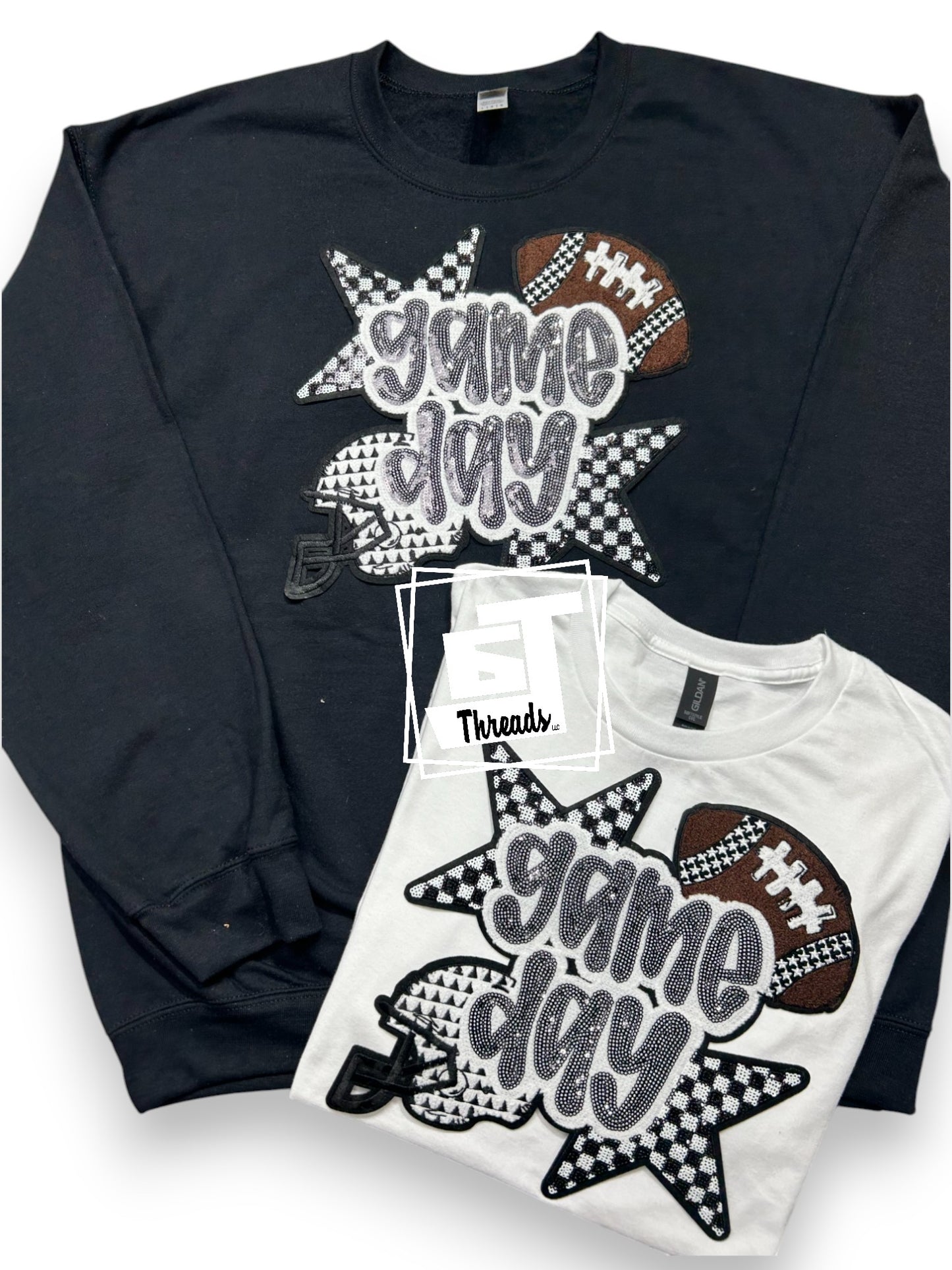 Football Checkered Star Game Day on black sweatshirt and white shirt