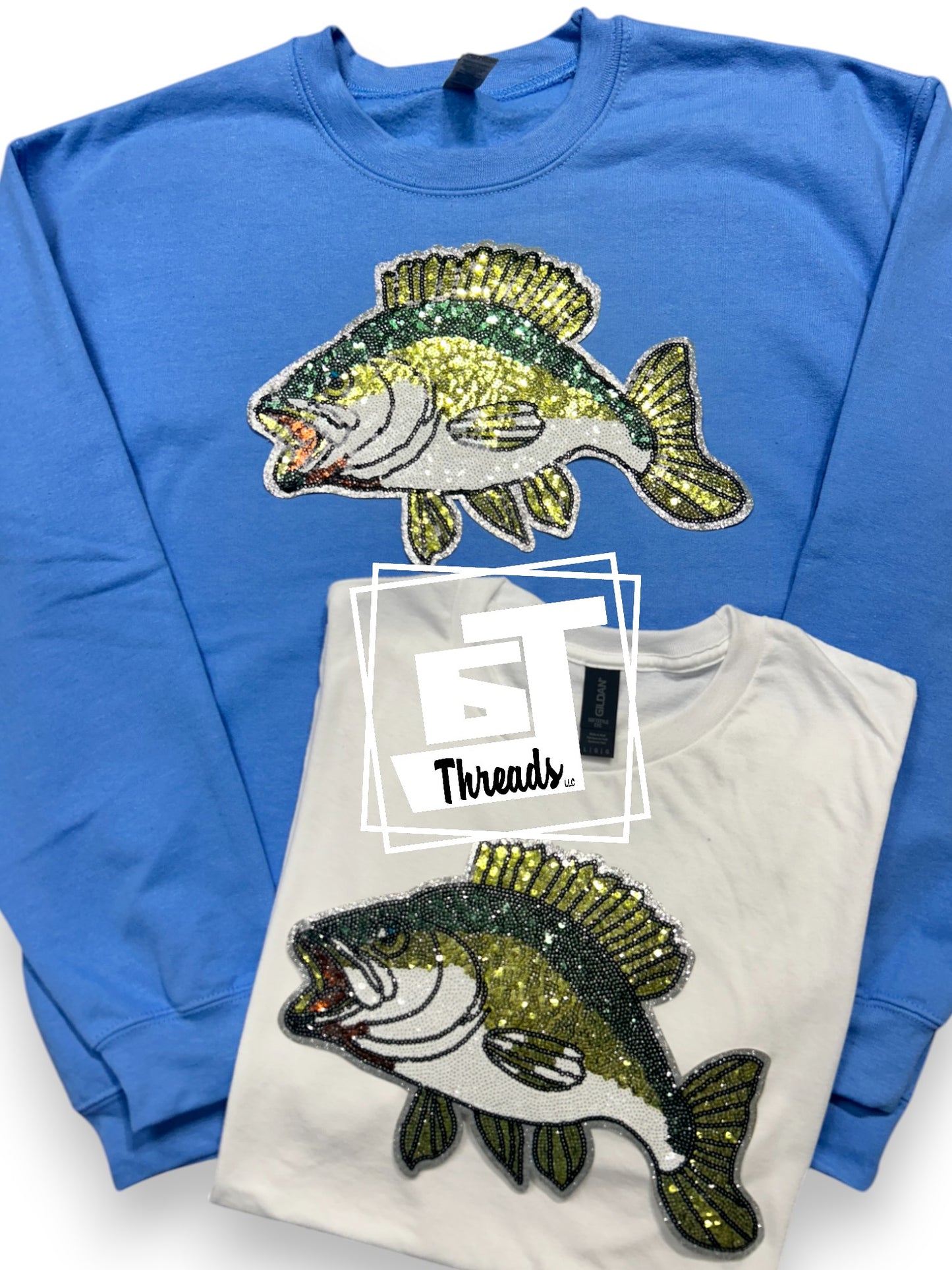 sequin bass iron on patch on blue sweatshirt