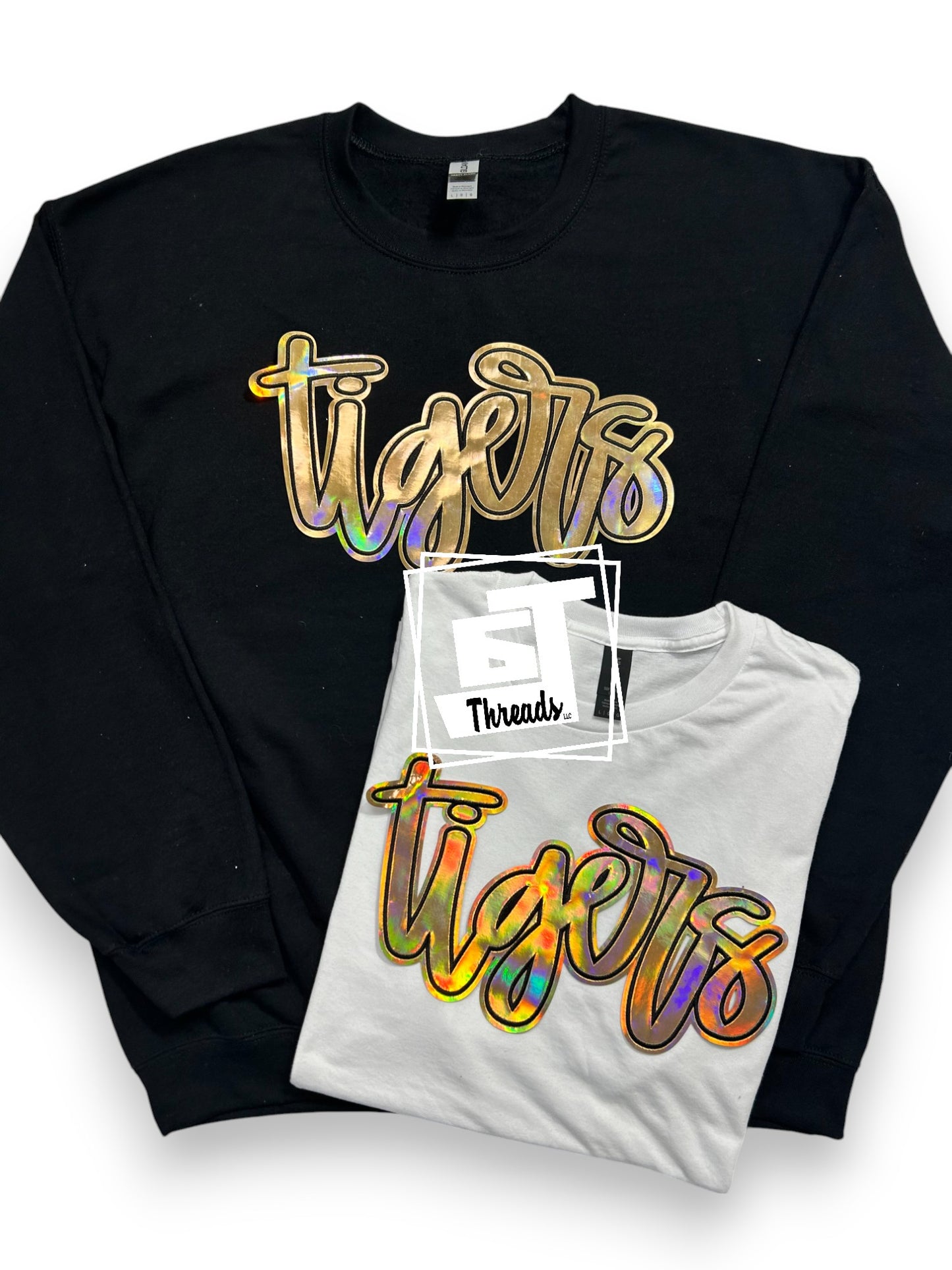 Gold Cursive Metallic Tigers on black sweatshirt and white shirt