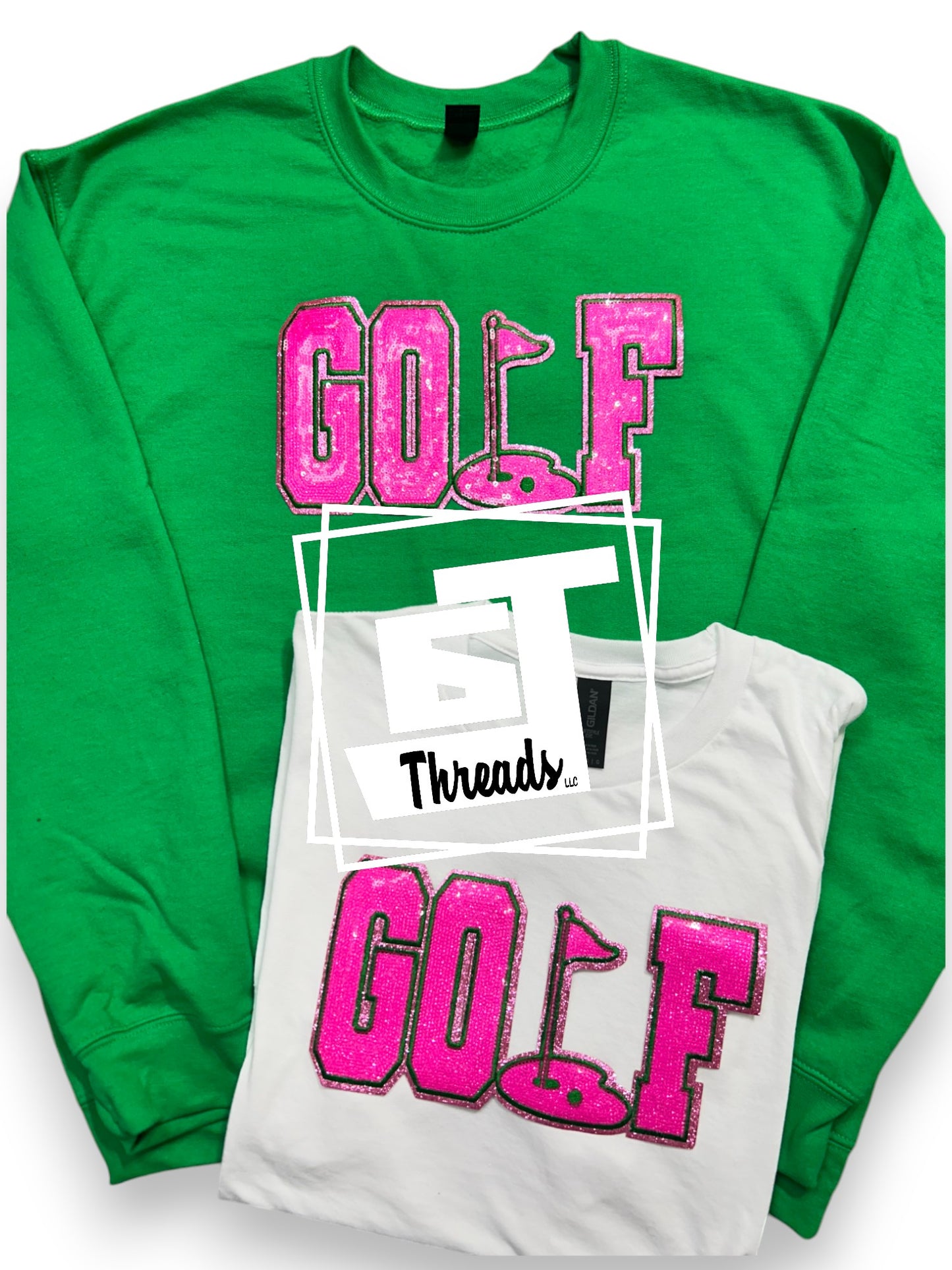 Pink Sequin Golf on green sweatshirt and white shirt