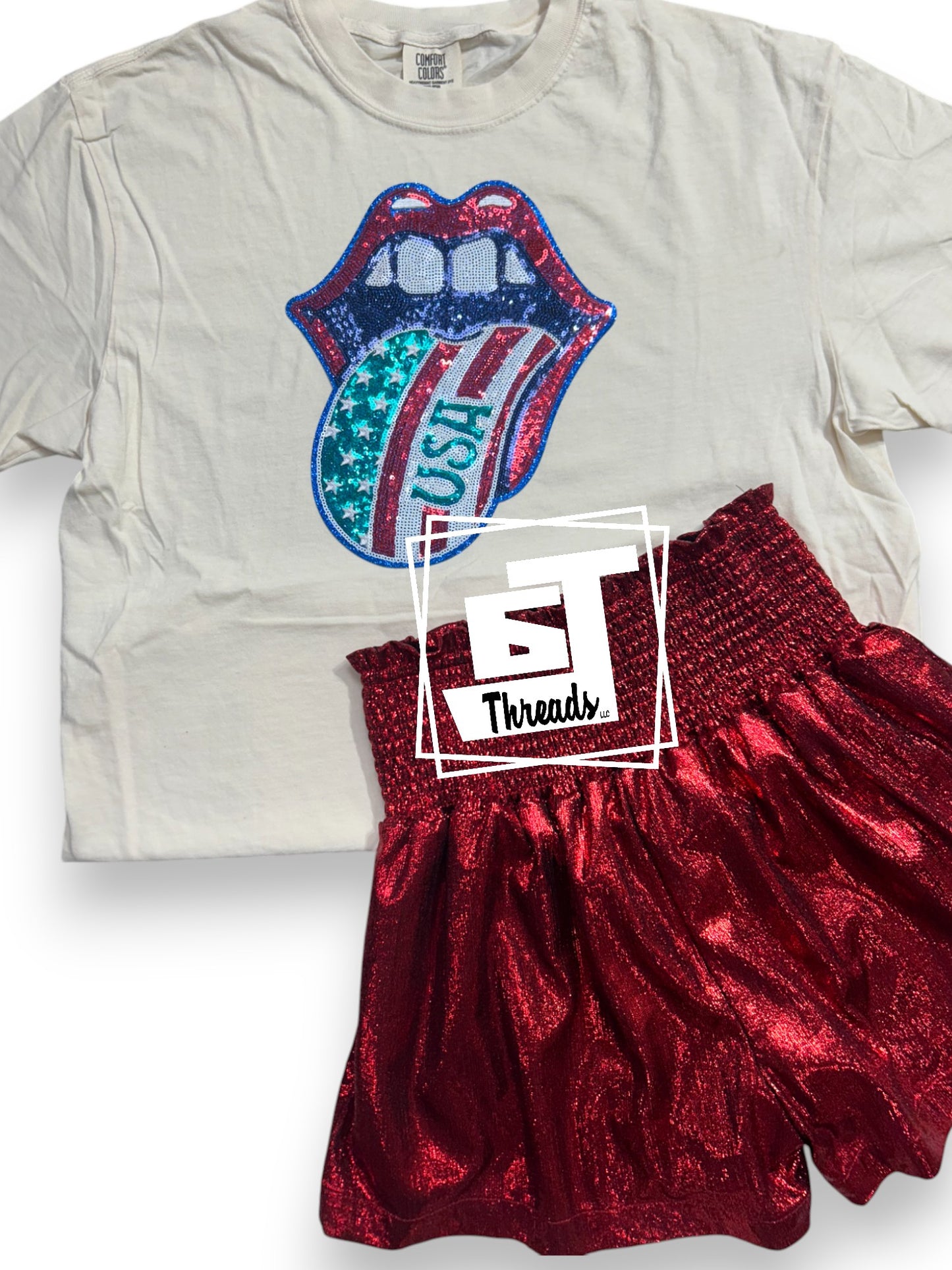Sequin USA Tongue Out on ivory shrt