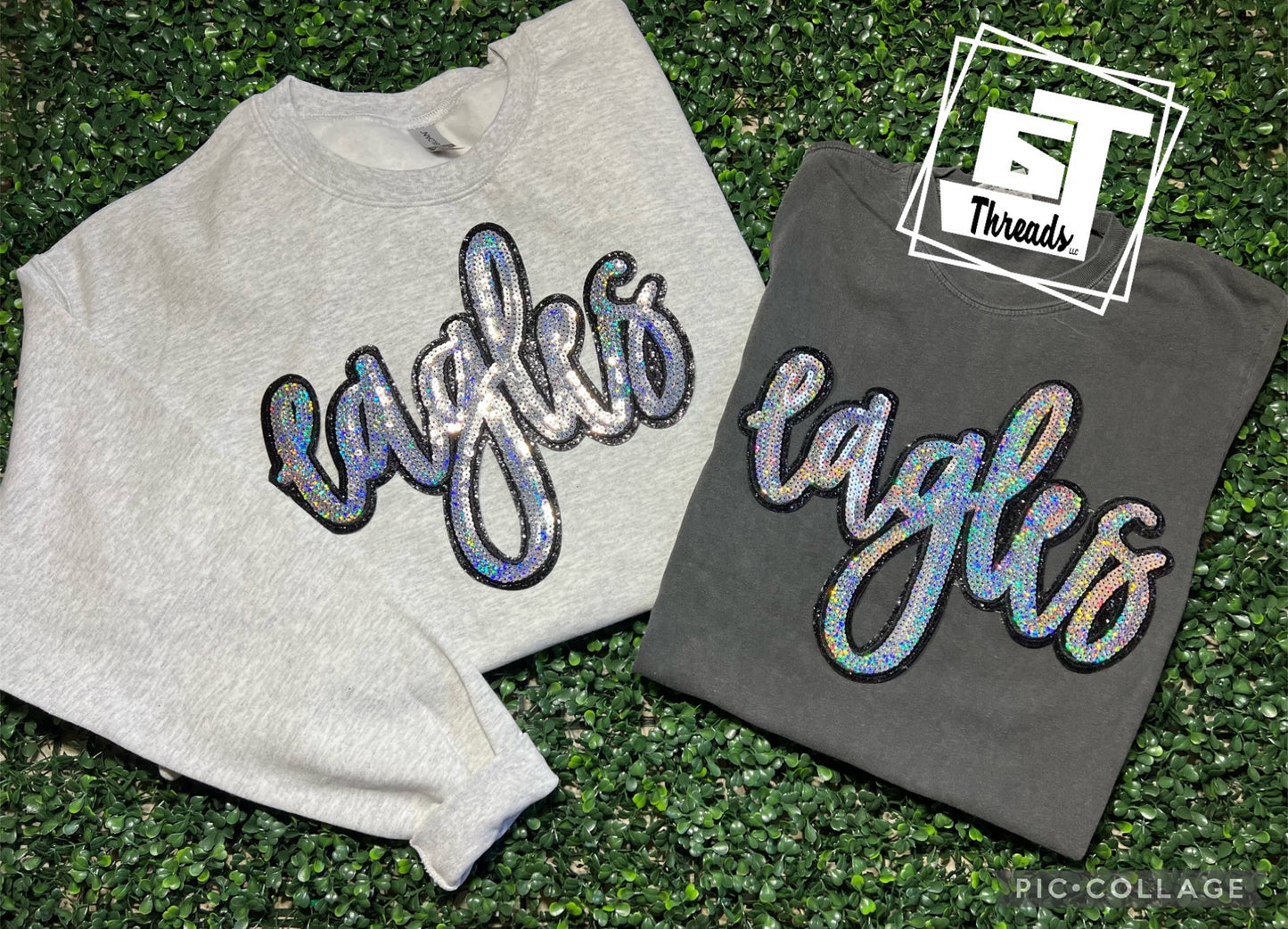 Cursive sequin eagles patch on gray sweatshirt and charcoal shirt