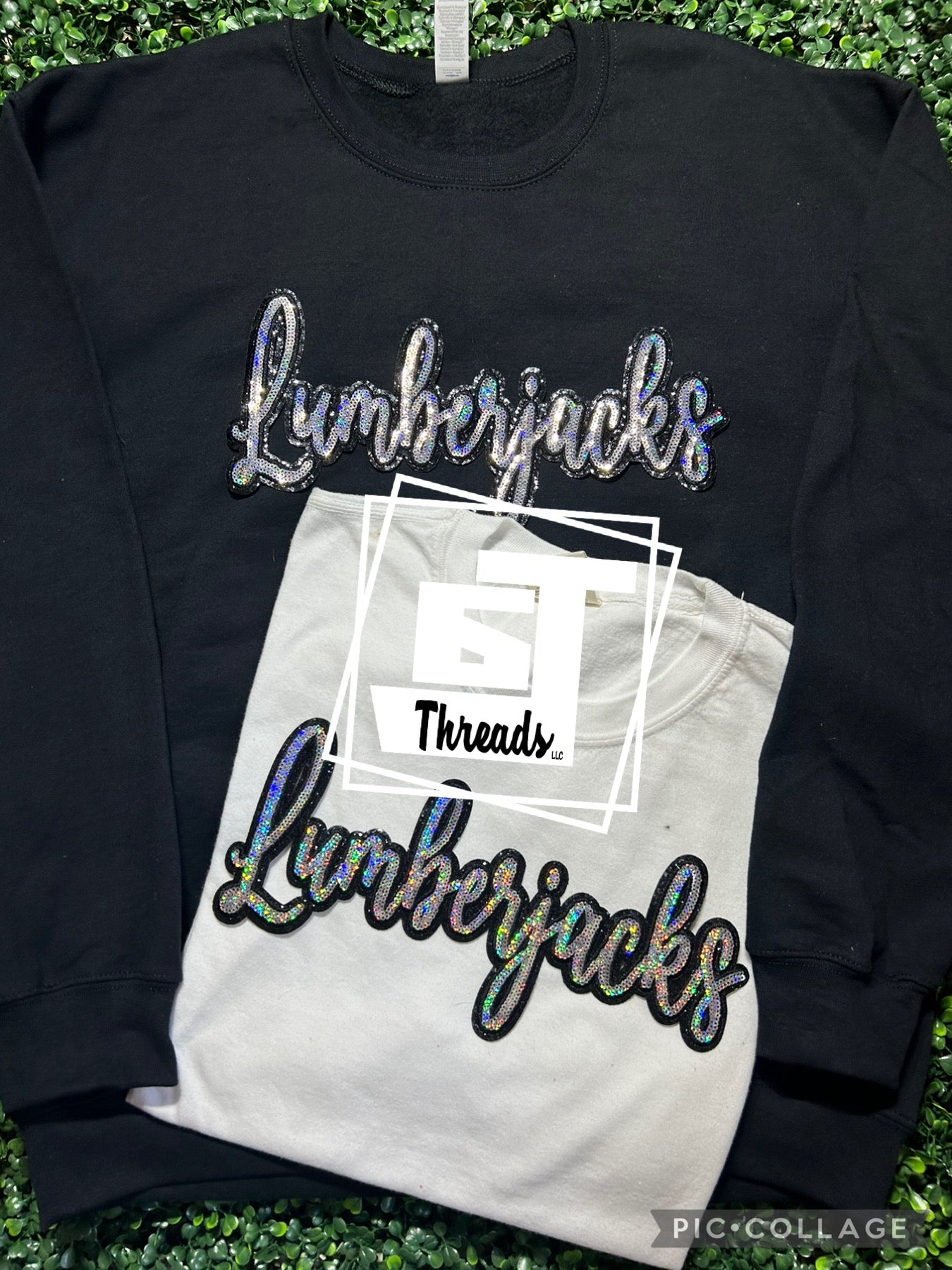 cursive sequin lumberjacks patch on black sweatshirt and white shirt