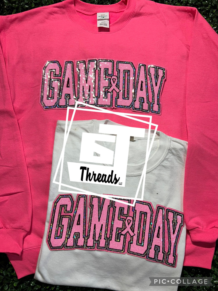 pink sequin game day patch on pink sweatshirt and white shirt