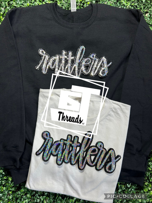 silver cursive sequin rattlers iron on patch balck sweatshirt white shirt
