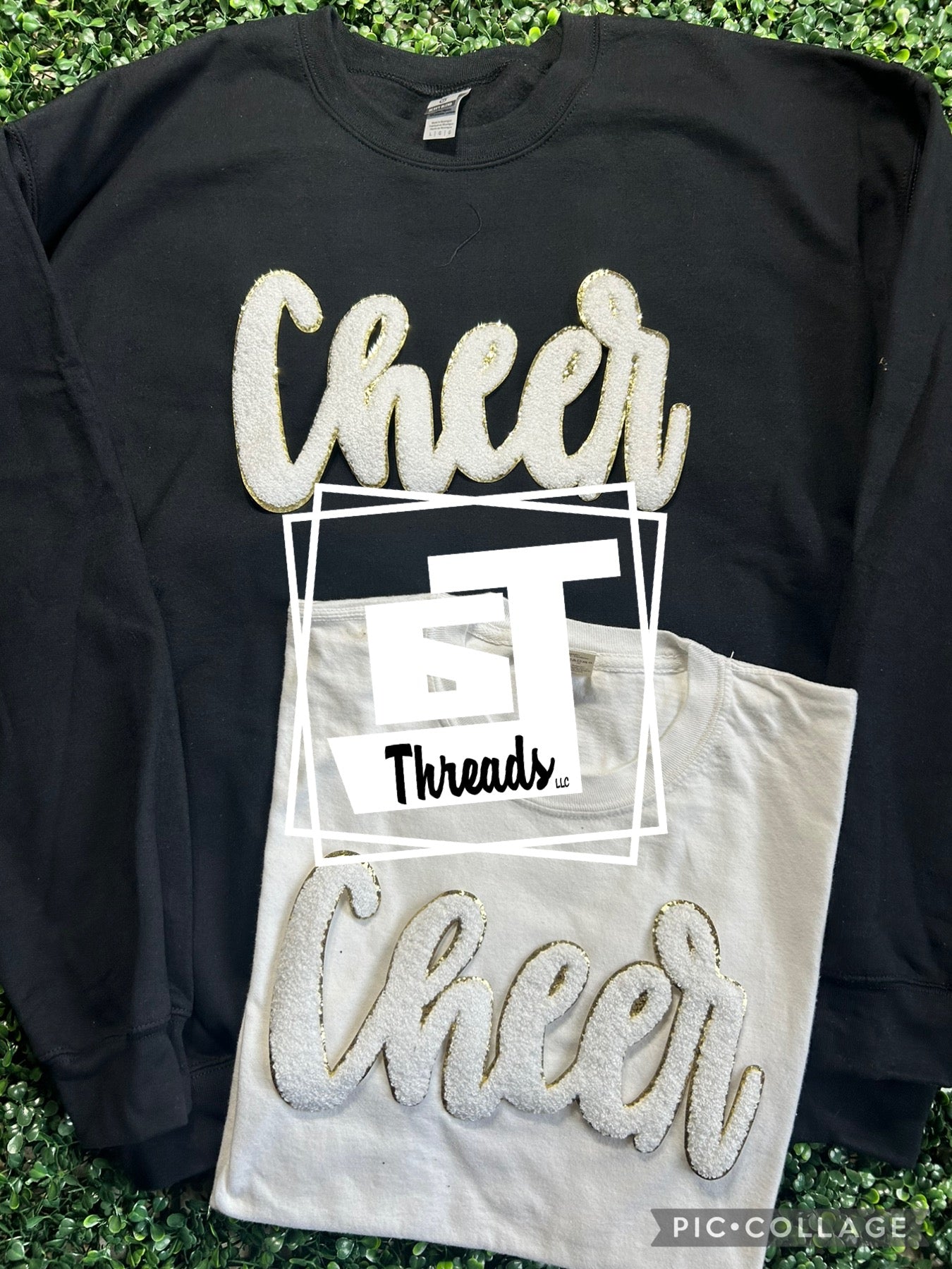 cursive cheer patch on black sweatshirt and white shirt