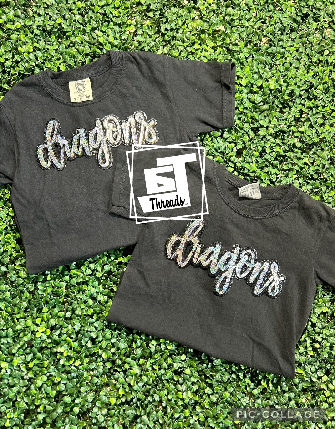 youth cursive sequin dragons on black shirts