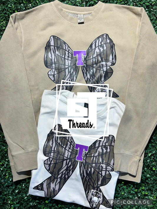 tolar camo bow tan sweatshirt white shirt