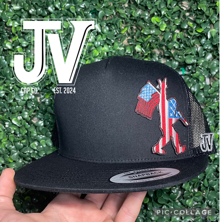 jv american big foot on black flat bill cap