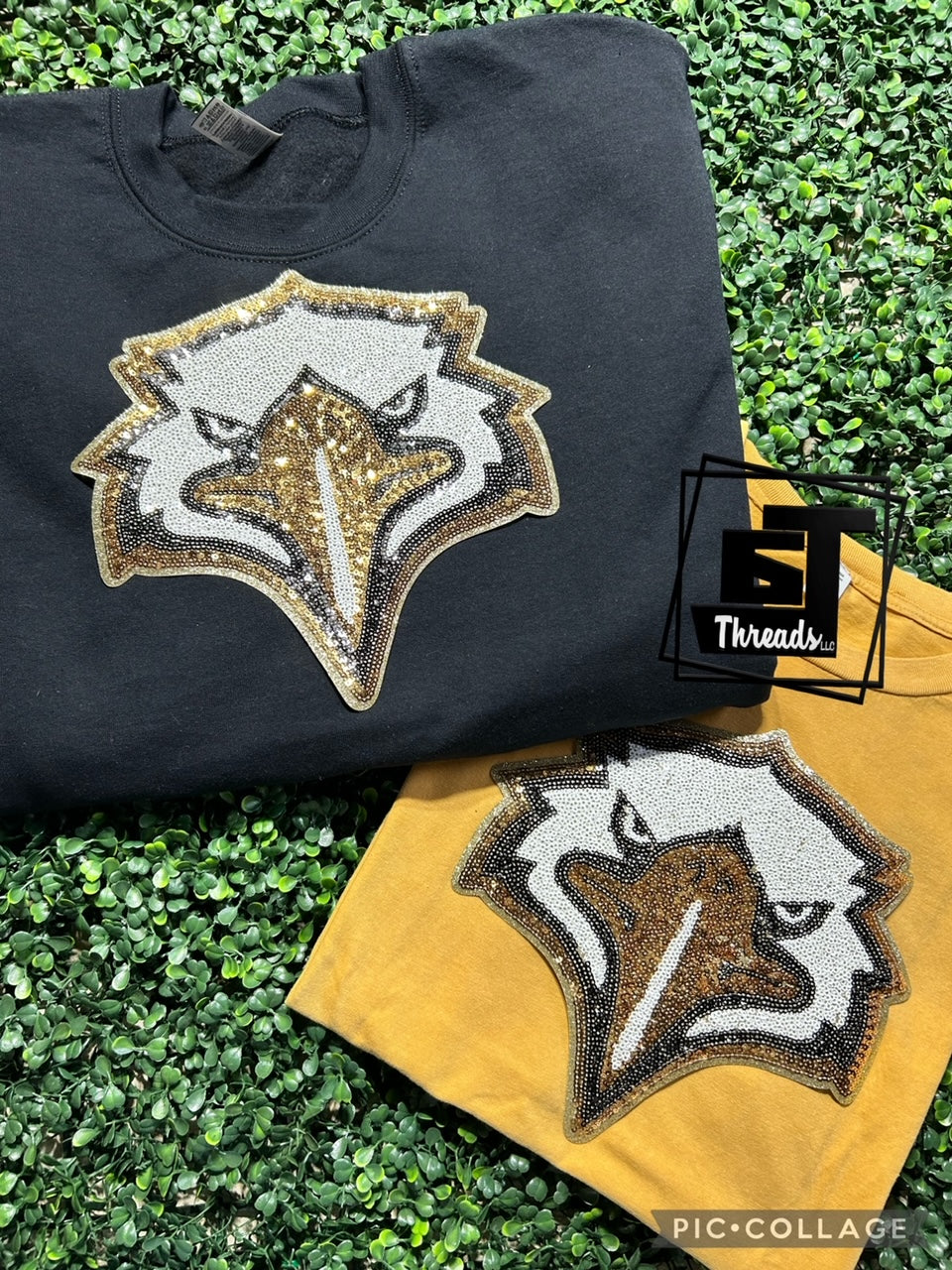 sequin eagle head patch on black sweatshirt and gold shirt