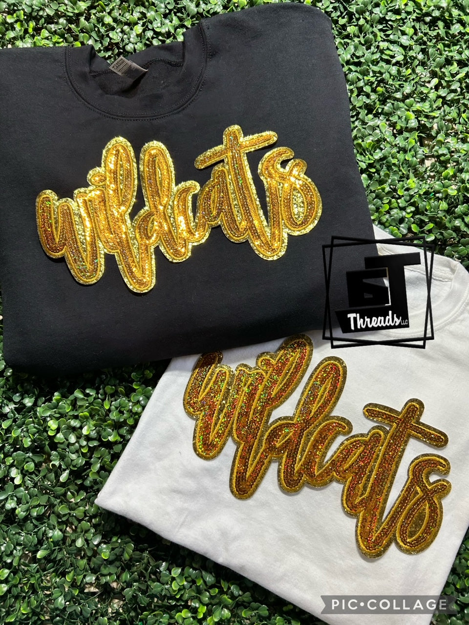 gold cursive sequin wildcats patch on black sweatshirt and white shirt