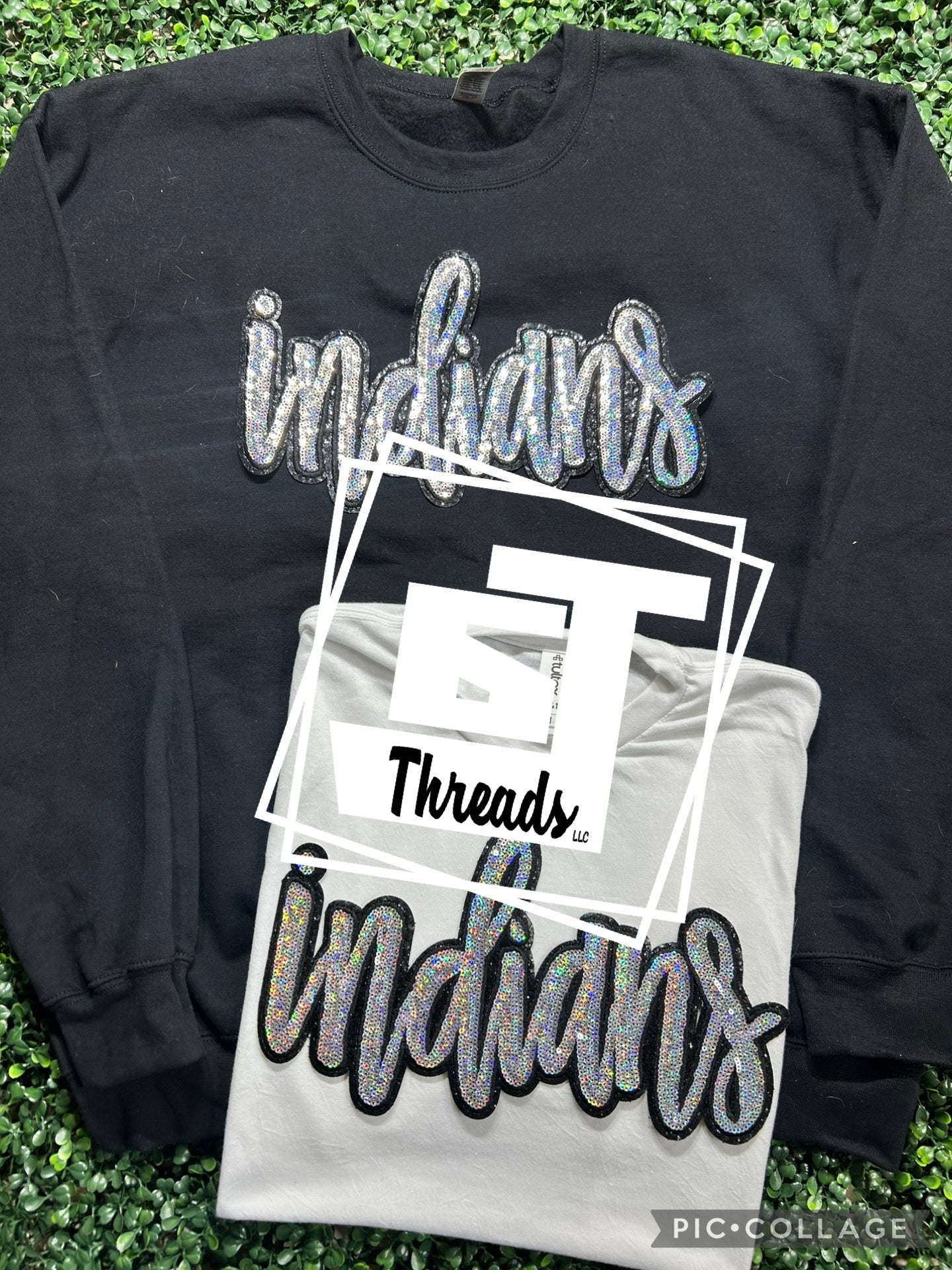 cursive sequin indians patch on black sweatshirt and white shirt