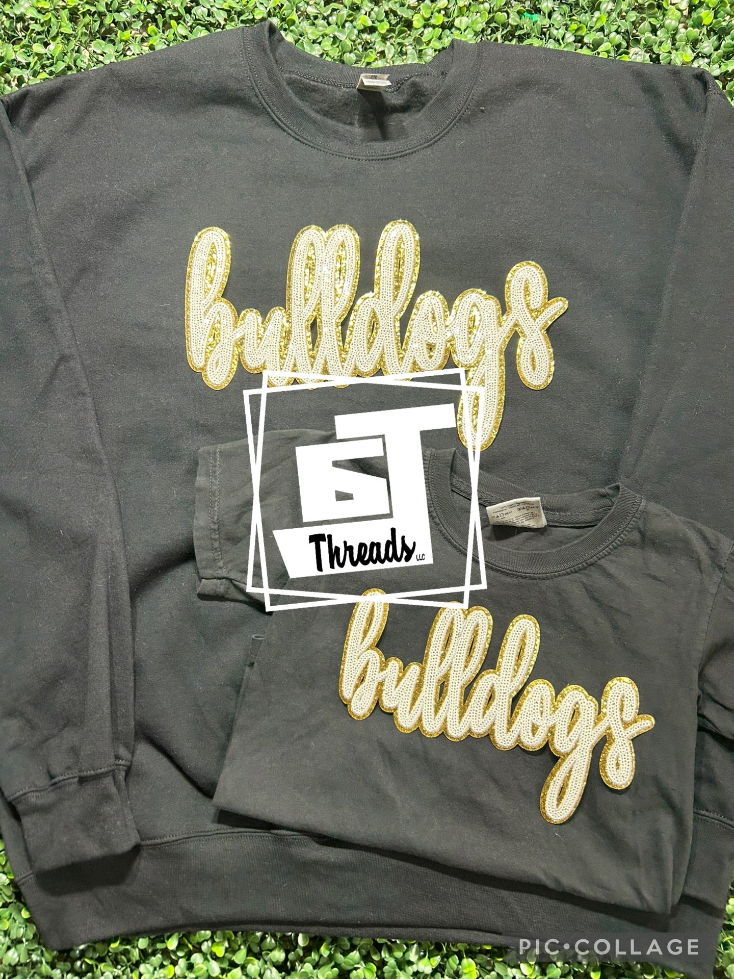 youth white and gold cursive sequin bulldogs black shirt