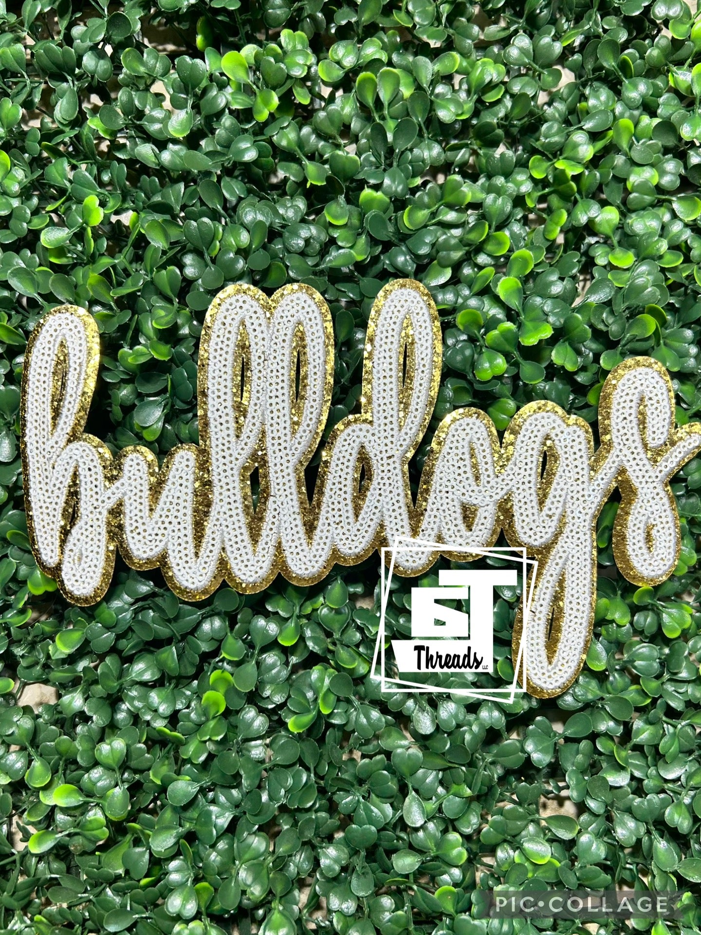 YOUTH White and Gold Cursive Sequin Bulldogs....Patches Only