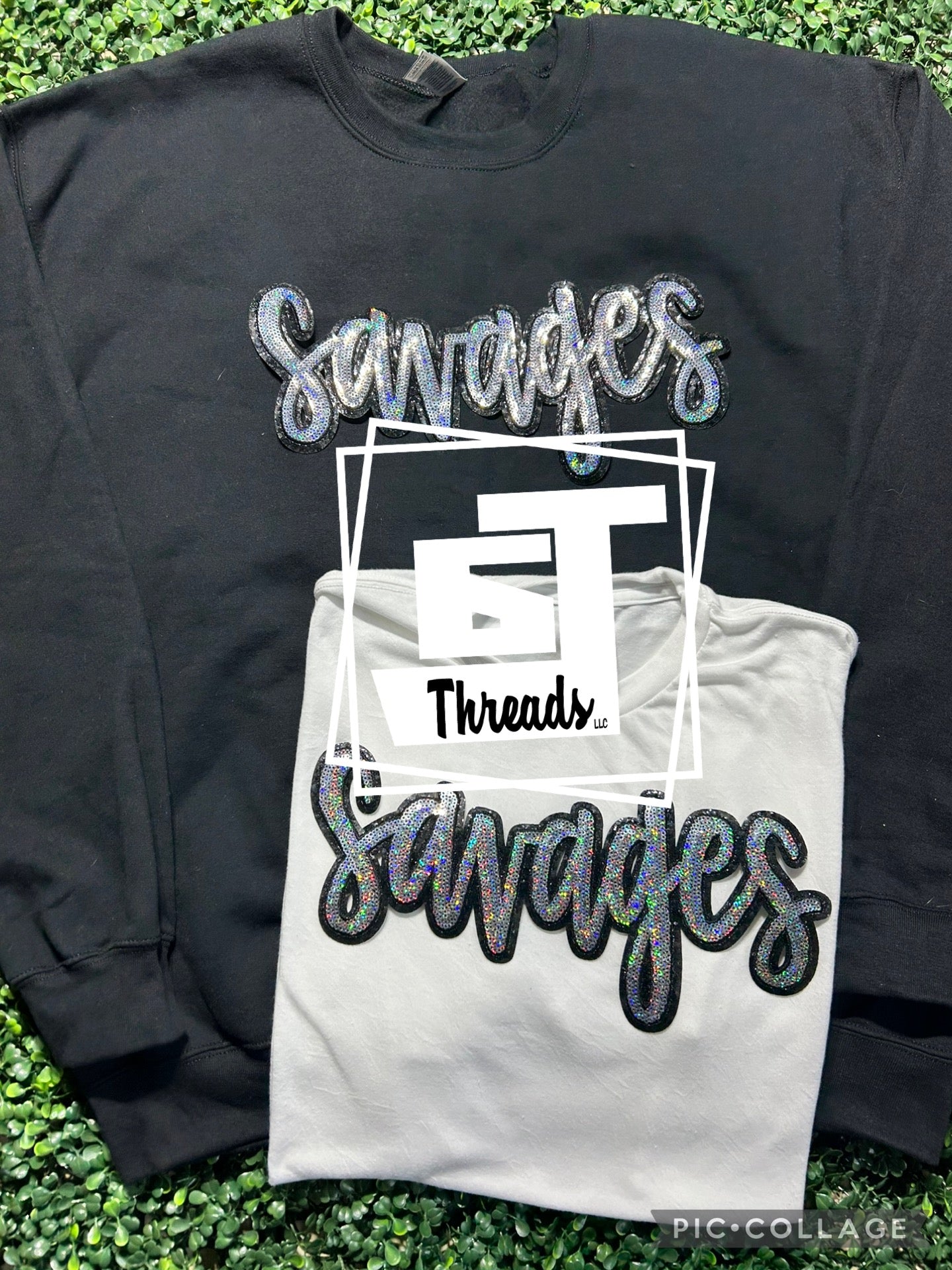 cursive sequin savages patch on black sweatshirt and white shirt