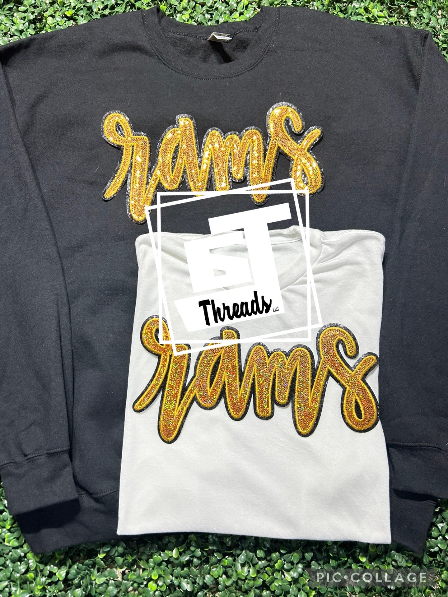 gold cursive sequin rams patch on black sweatshirt and white shirt