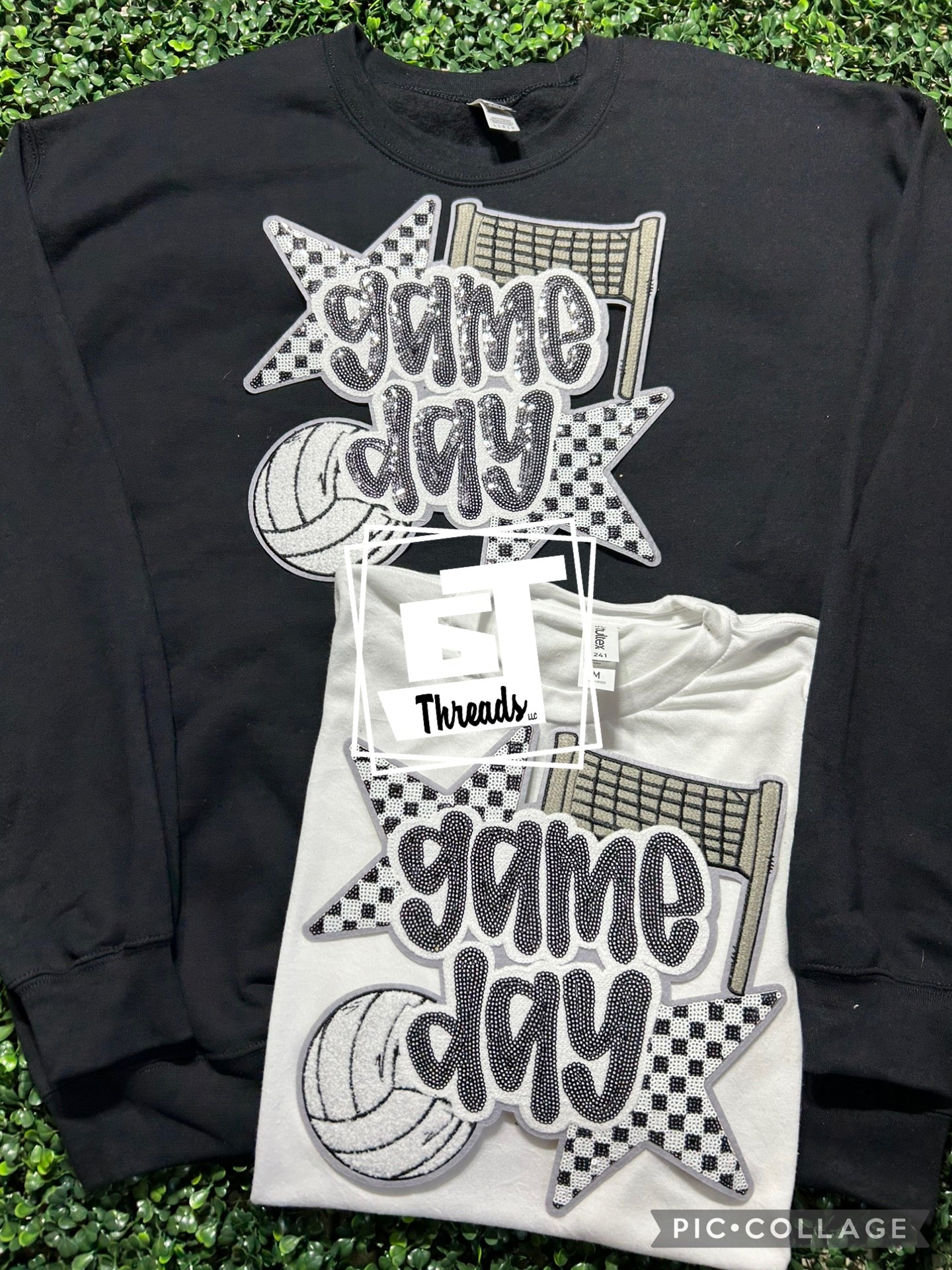 volleyball checkered star game day iron on patch black sweatshirt white shirt