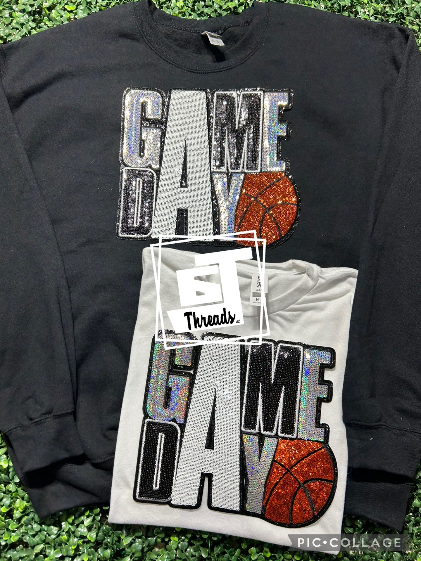 basketball game day iron on patch black sweatshirt white shirt