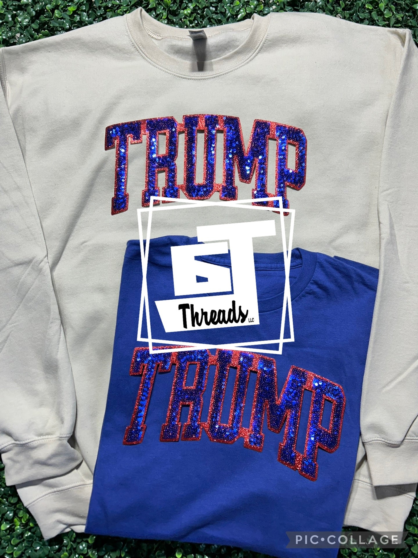 sequin trump patch on sand sweatshirt and blue shirt