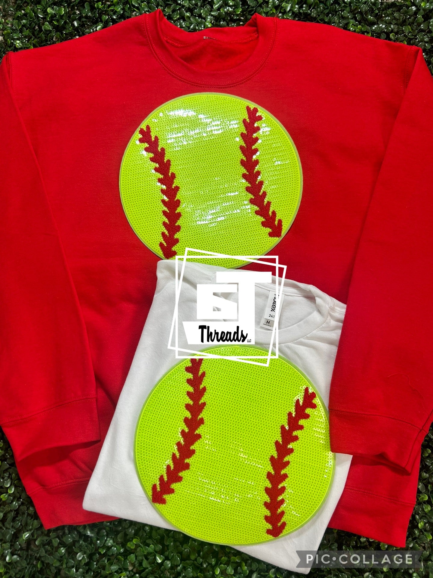sequin softball iron on patch red sweatshirt white shirt