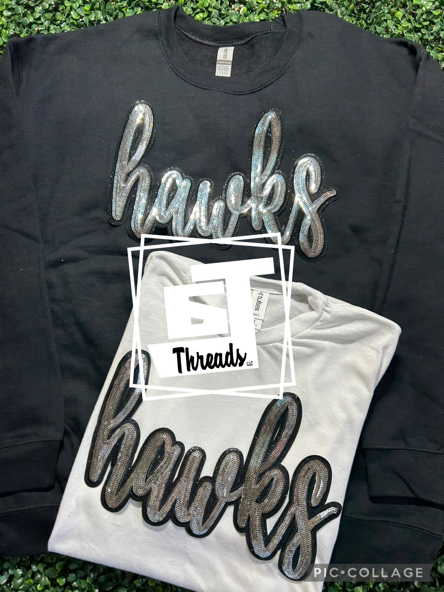 cursive sequin hawks patch on black sweatshirt and white shirt