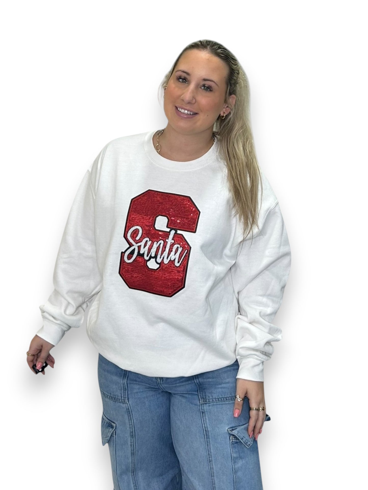 Red Cursive Sequin Santa