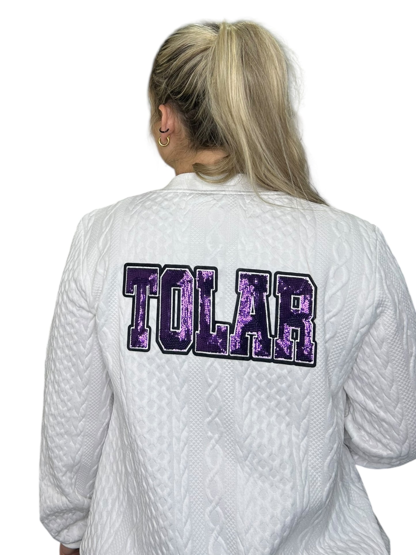 Purple Tolar on White Cardigan