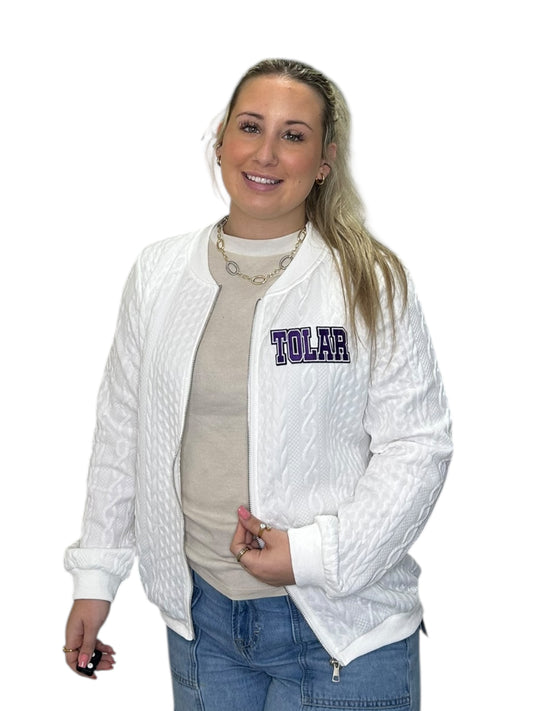 Purple Tolar on White Cardigan