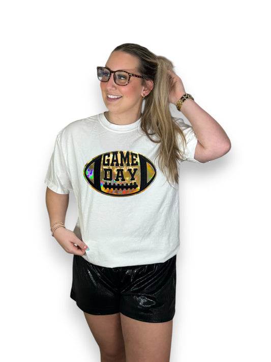 gold metallic football game day iron on patch white shirt