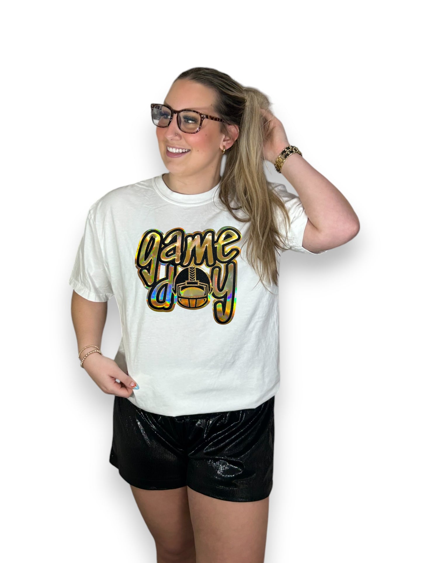 gold metallic football helmet game day iron on patch white shirt