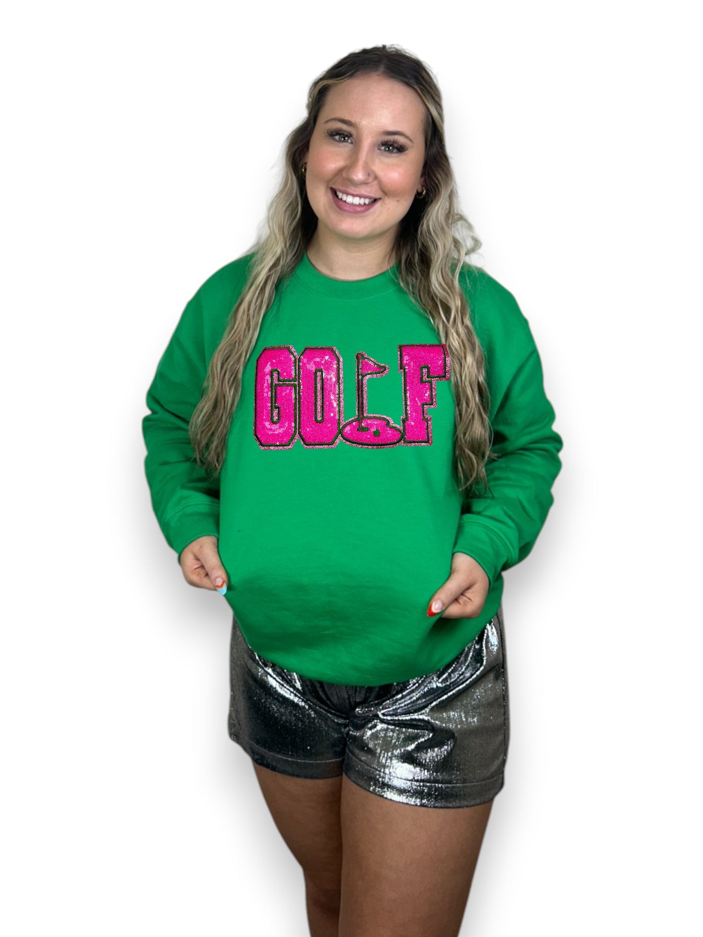 Pink Sequin Golf on green sweatshirt
