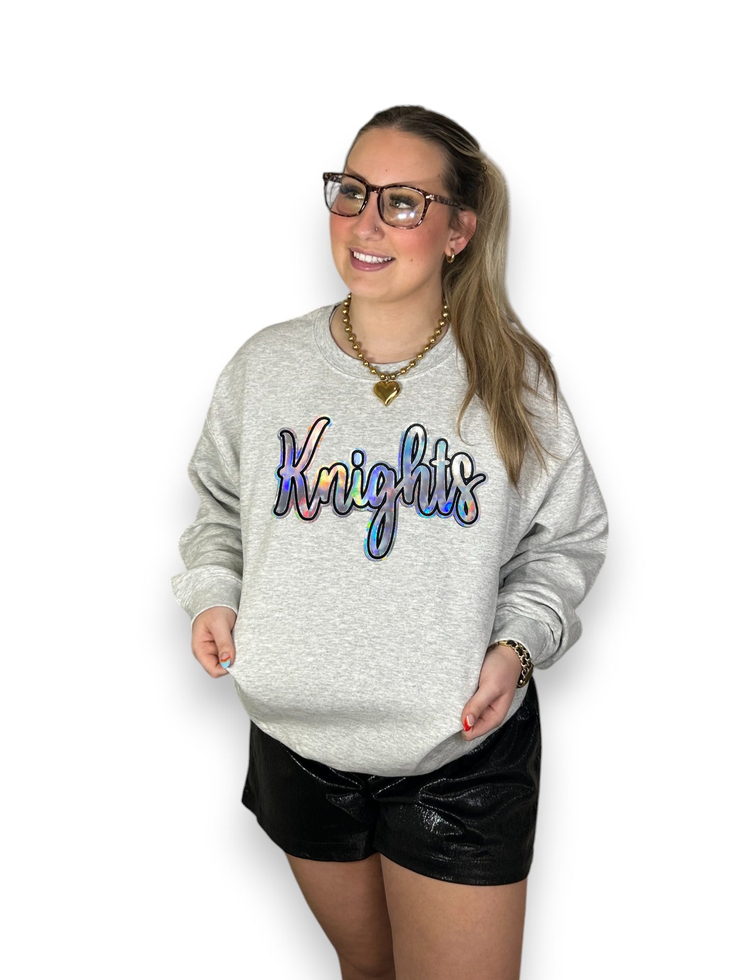 Silver Cursive Metallic Knights on gray sweatshirt