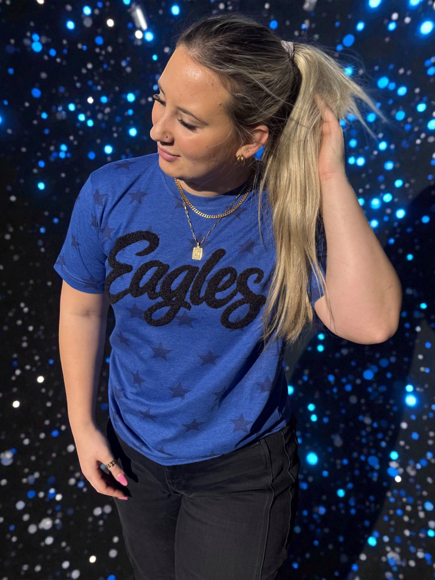 Fuzzy Cursive Eagles star T-Shirt
