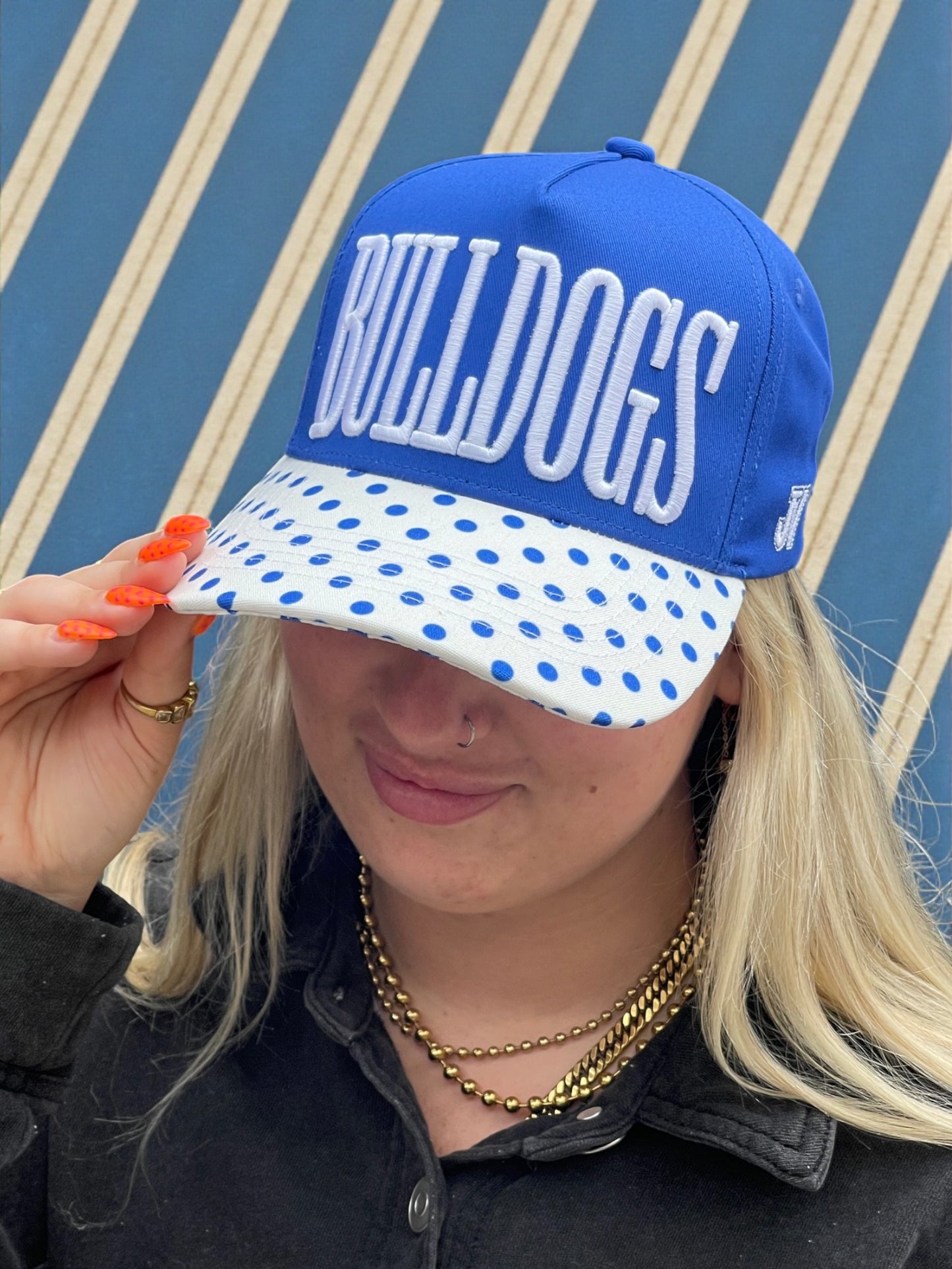 blue and white polka dot bulldogs cap