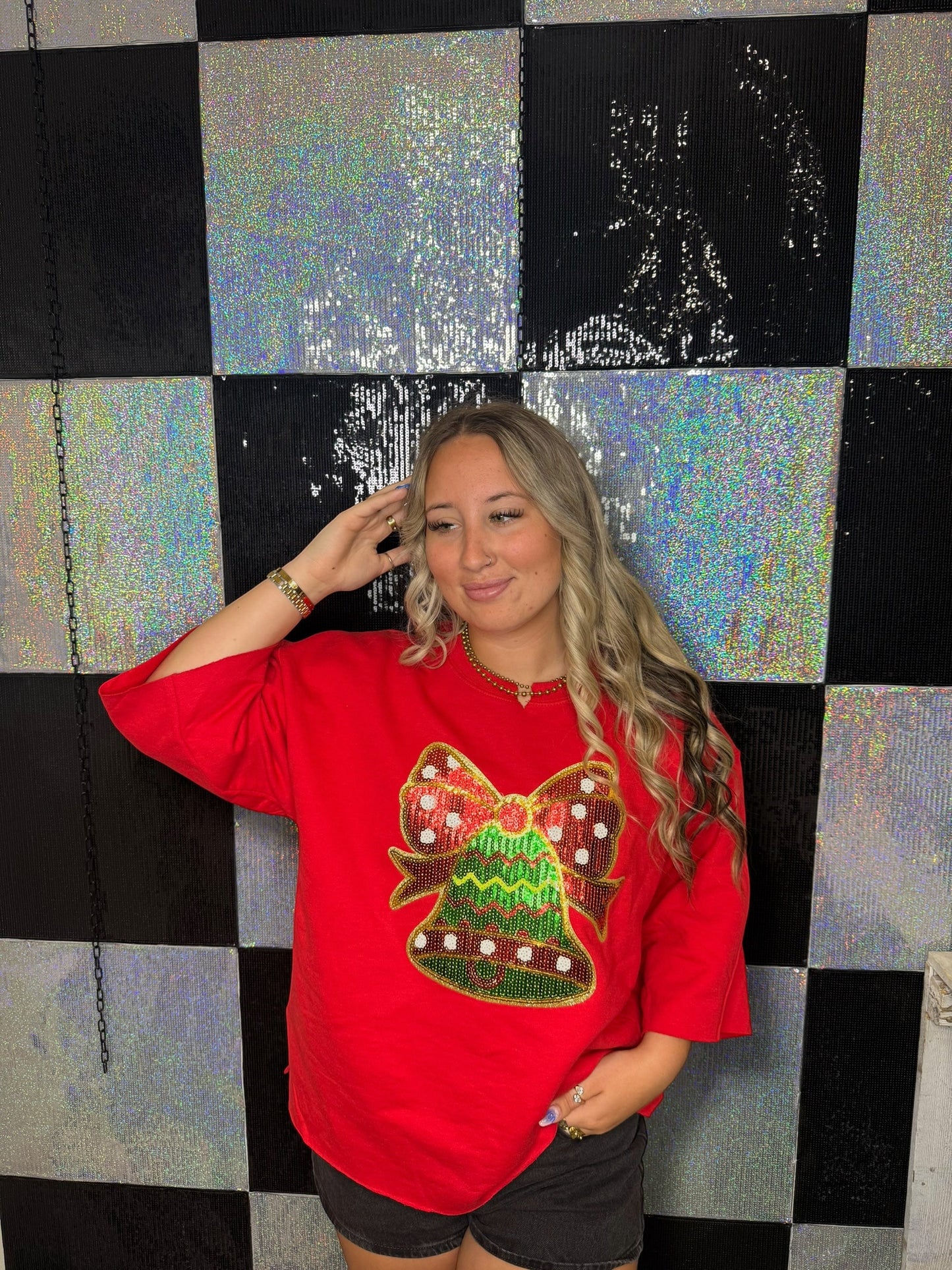 Red Boho Cut Crewneck- Sequin Bell