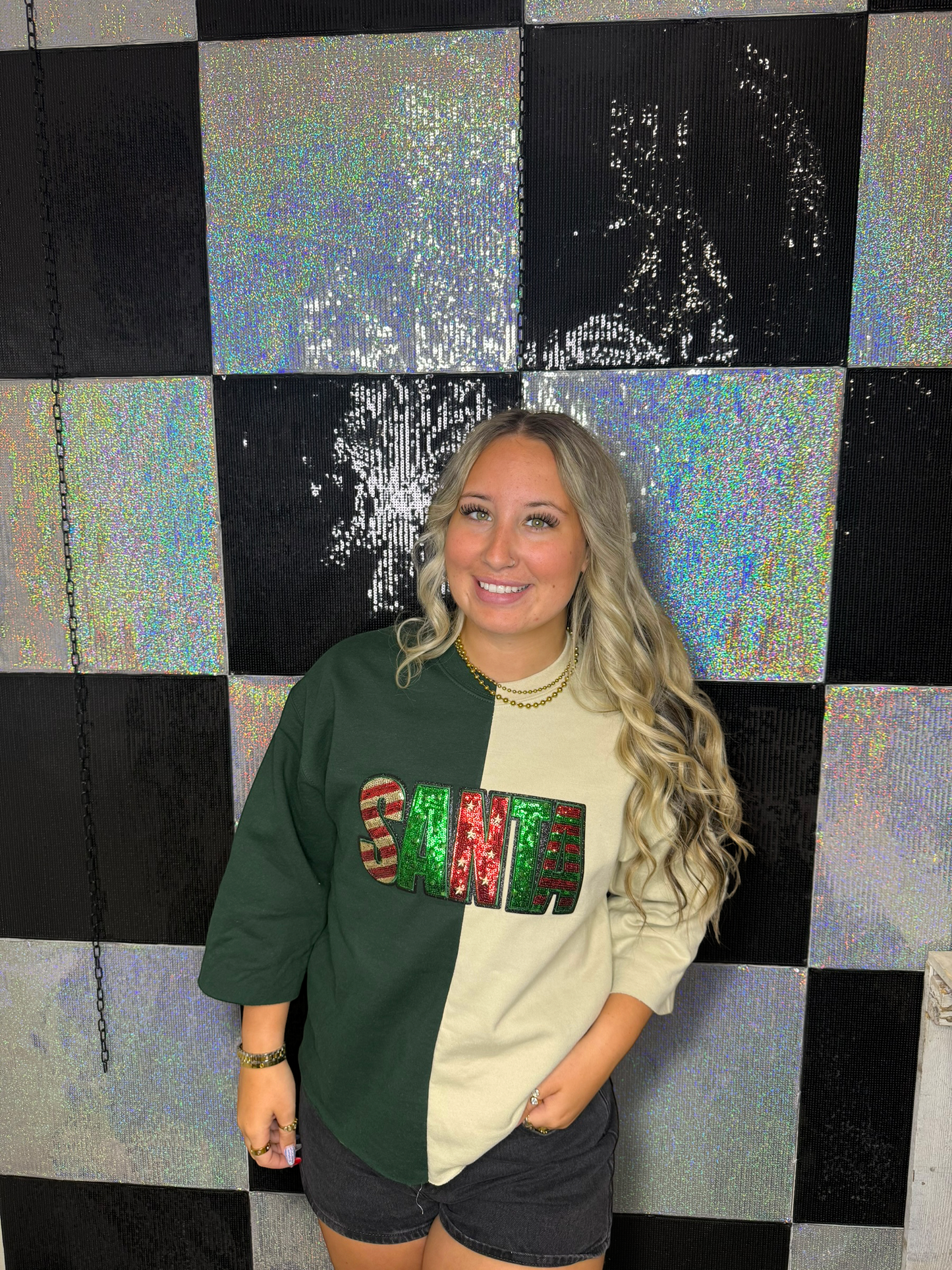 Split Crewneck Red/Forest Green - Block  Sequins Santa