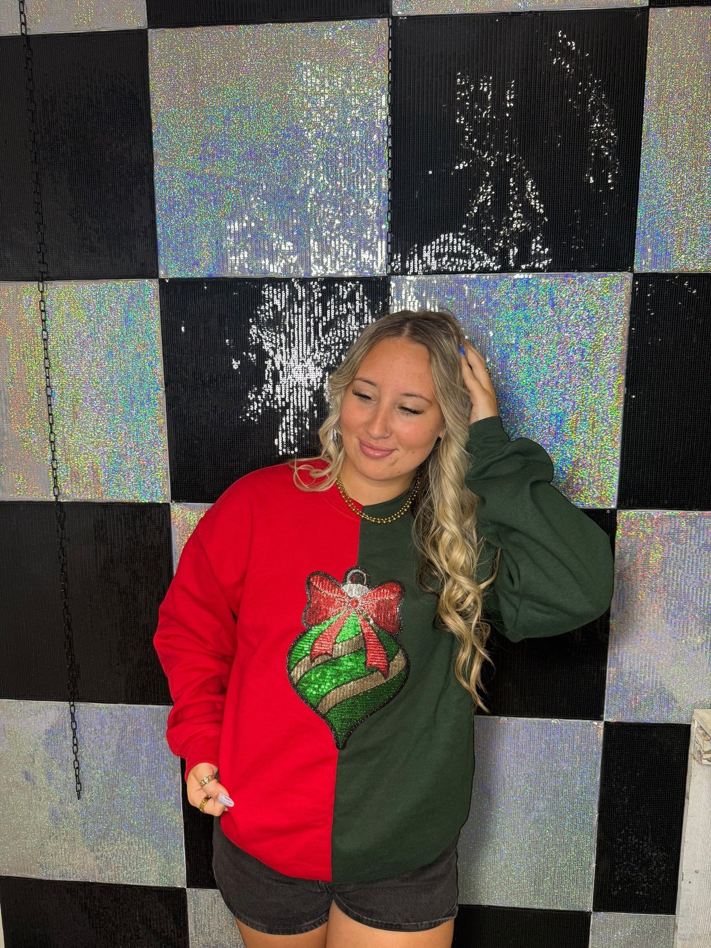 Split Crewneck Red/Forest Green - Ornament and Bow Sequins Patch