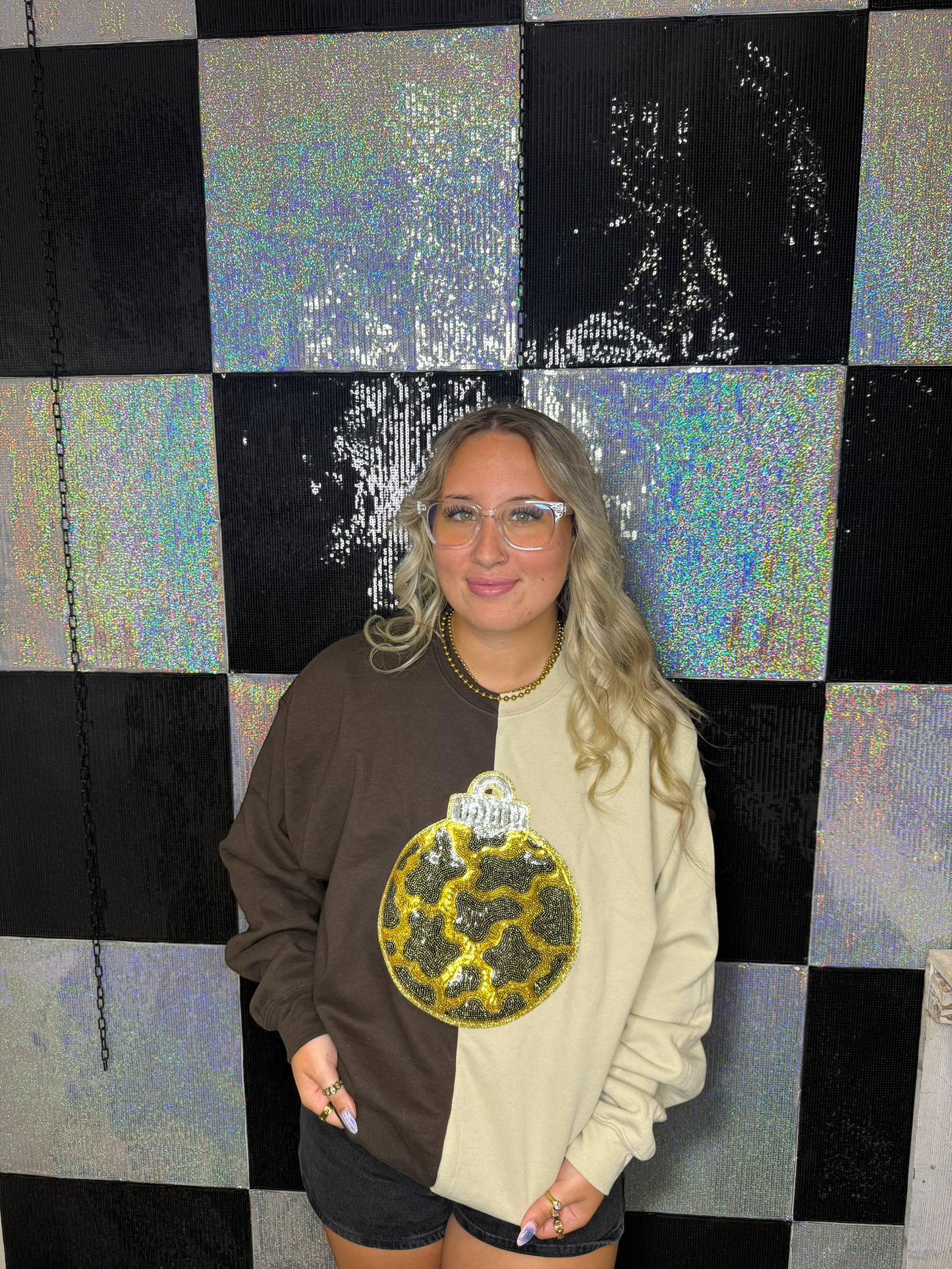 Split Crewneck Brown/Sand- Sequins Cow Print Ornament