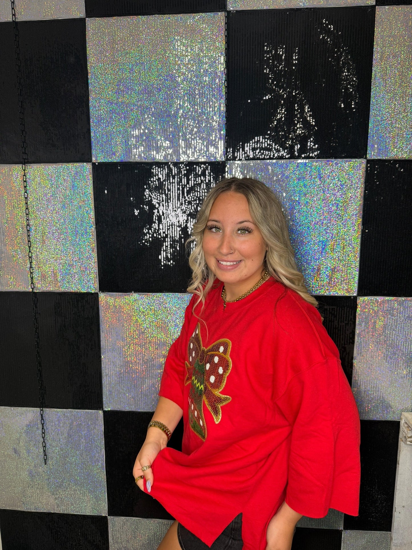 Red Boho Cut Crewneck- Sequin Bell