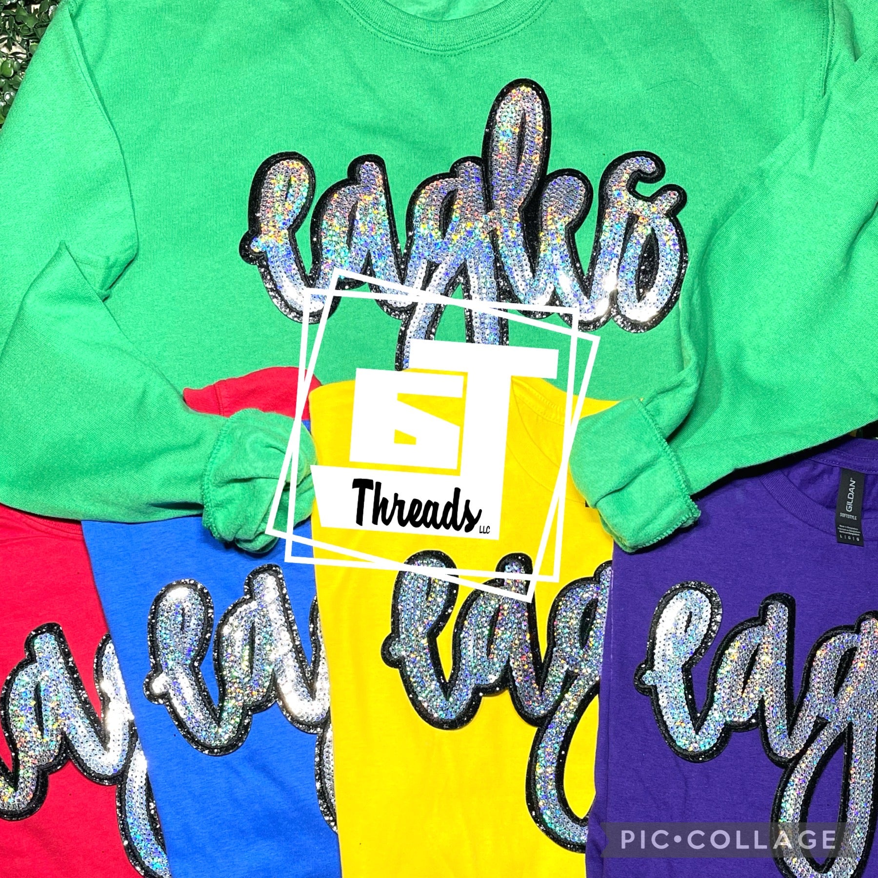 cursive sequin eagles patch on colorful shirts