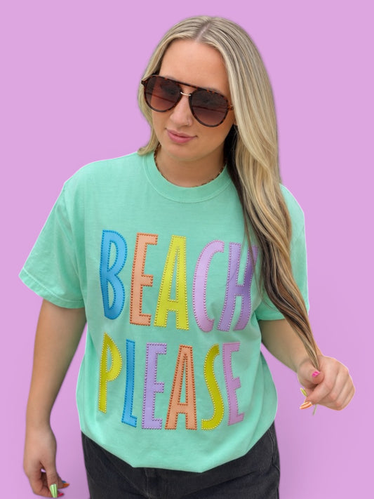 Fabric Multicolored Beach Please Word with Dimond Detail Patch T-Shirt