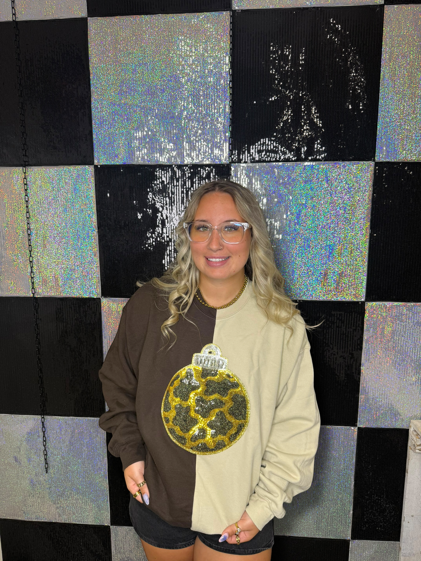Split Crewneck Brown/Sand- Sequins Cow Print Ornament