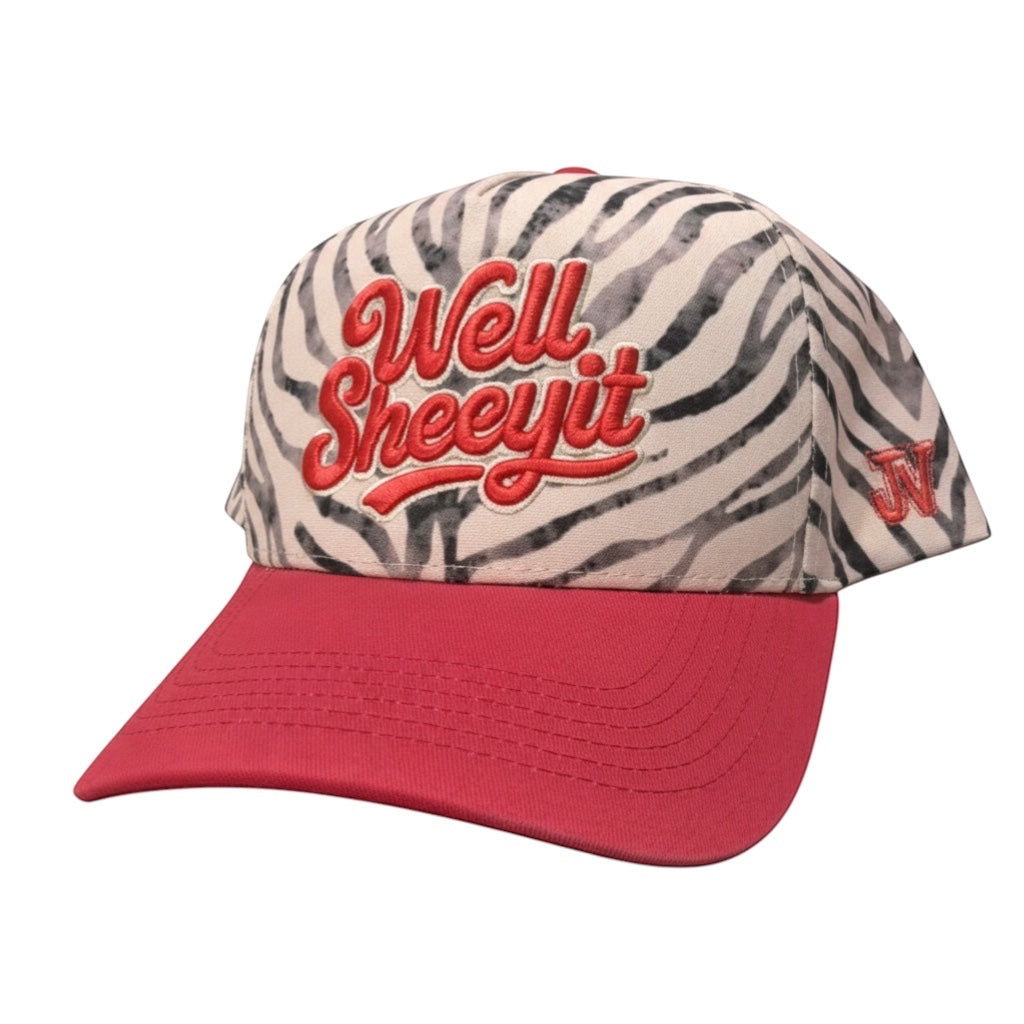 6J Threads Well Sheetyit cap with zebra print crown and red brim, featuring red embroidery.