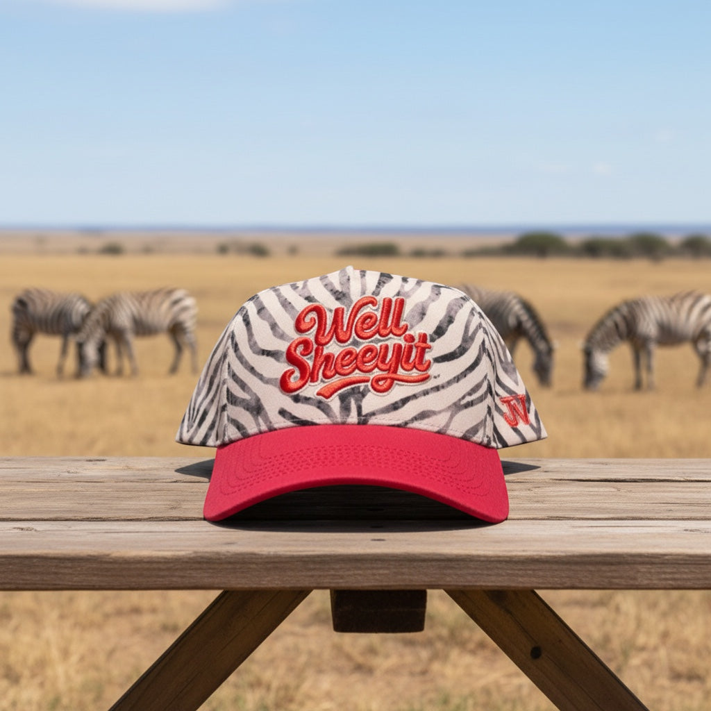 6J Threads Well Sheetyit cap with zebra print crown and red brim. Features red embroidery and snapback closure.
