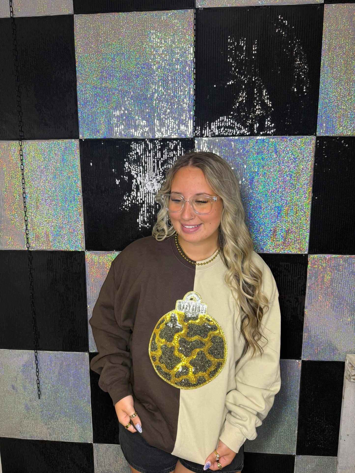Split Crewneck Brown/Sand- Sequins Cow Print Ornament