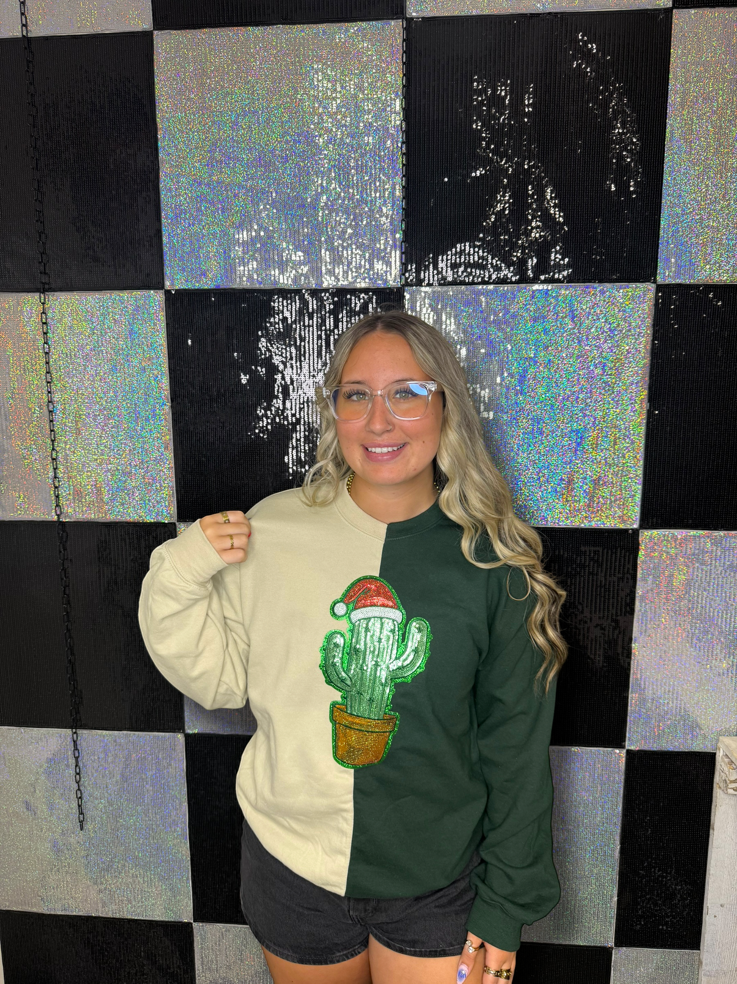 Split Crewneck Forest Green/Sand- Cactus With Santa Hat